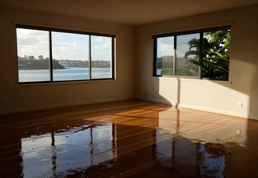 Flood-damaged living room in Monterey before restoration